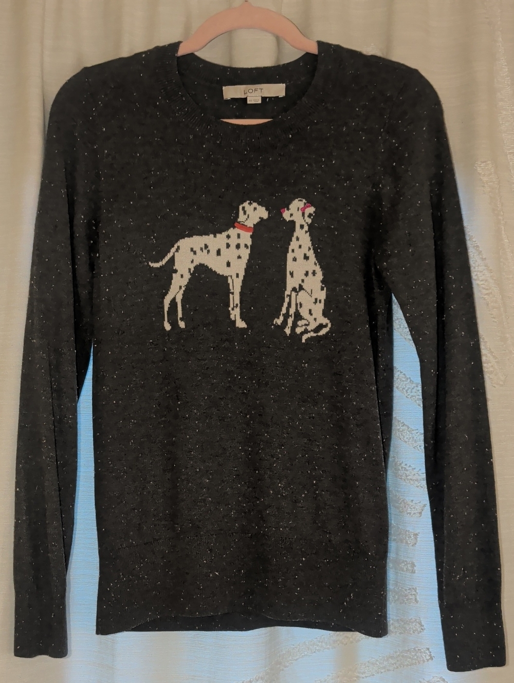 LOFT Charcoal Crewneck Sweater with Dalmatian Motif